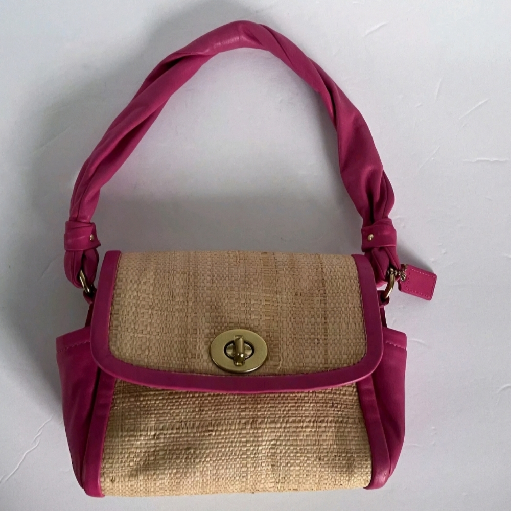 Coach Parker Straw & Leather Foldover Turnlock Mini Handbag Pink - NOT SELLING